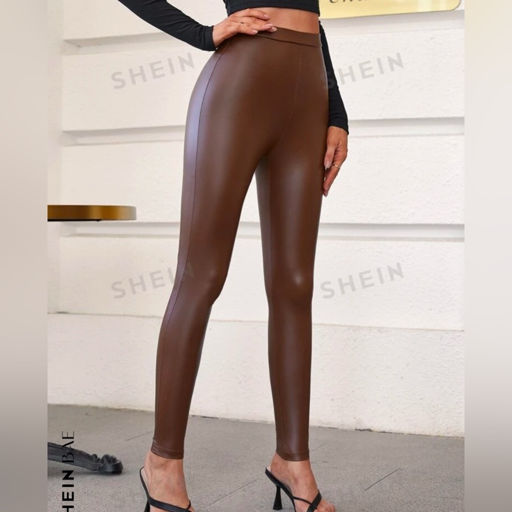 SHEIN BAE solid brown high waisted patent leather